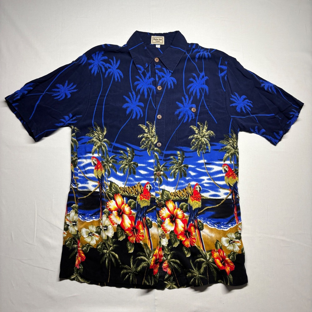 Aloha Hut Hawaii Mens Large Navy Blue Tropical Parrot Hibiscus Button Down Shirt